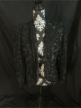 Scala Black Sequin Beaded Open-Front Blazer